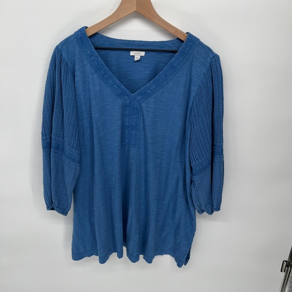 Pure Jill Tops - Pure Jill Tunic Top Womens 2X Blue Cotton Gauze Sleeve V-Neck Boho Slub Knit